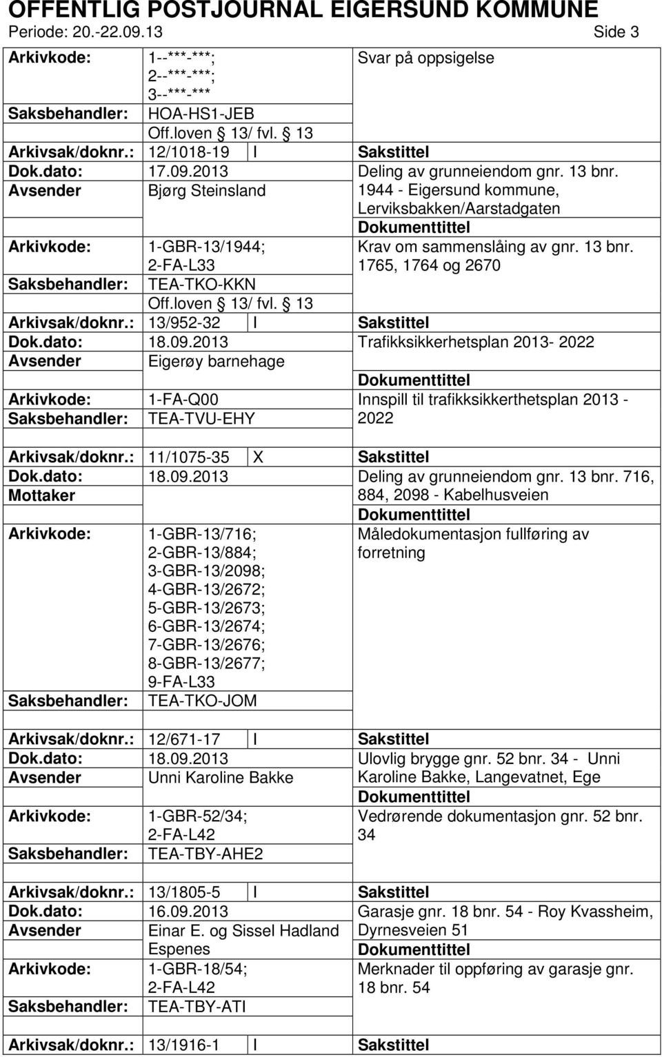 : 13/952-32 I Sakstittel Dok.dato: 18.09.2013 Trafikksikkerhetsplan 2013-2022 Avsender Eigerøy barnehage 1-FA-Q00 Innspill til trafikksikkerthetsplan 2013 - TEA-TVU-EHY 2022 Arkivsak/doknr.