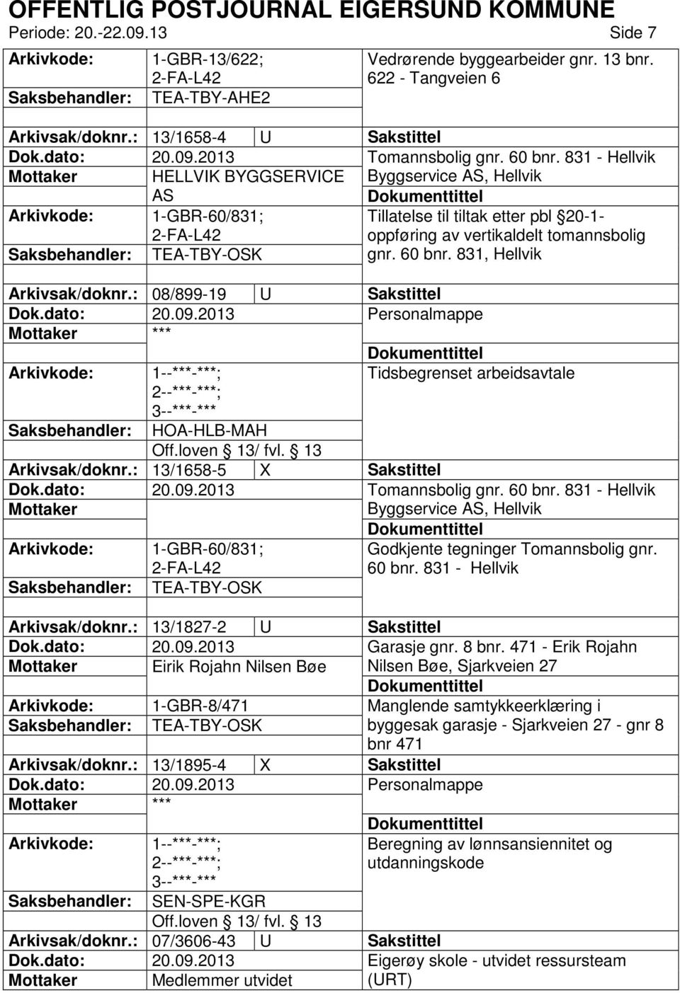 831, Hellvik Arkivsak/doknr.: 08/899-19 U Sakstittel 1--- Tidsbegrenset arbeidsavtale 2--- HOA-HLB-MAH Arkivsak/doknr.: 13/1658-5 X Sakstittel Tomannsbolig gnr. 60 bnr.