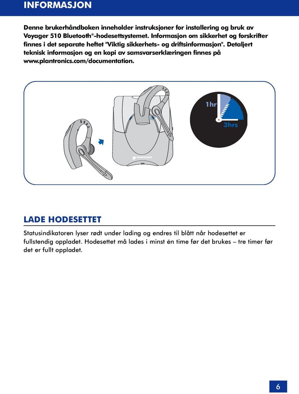 Detaljert teknisk informasjon og en kopi av samsvarserklæringen finnes på www.plantronics.com/documentation.