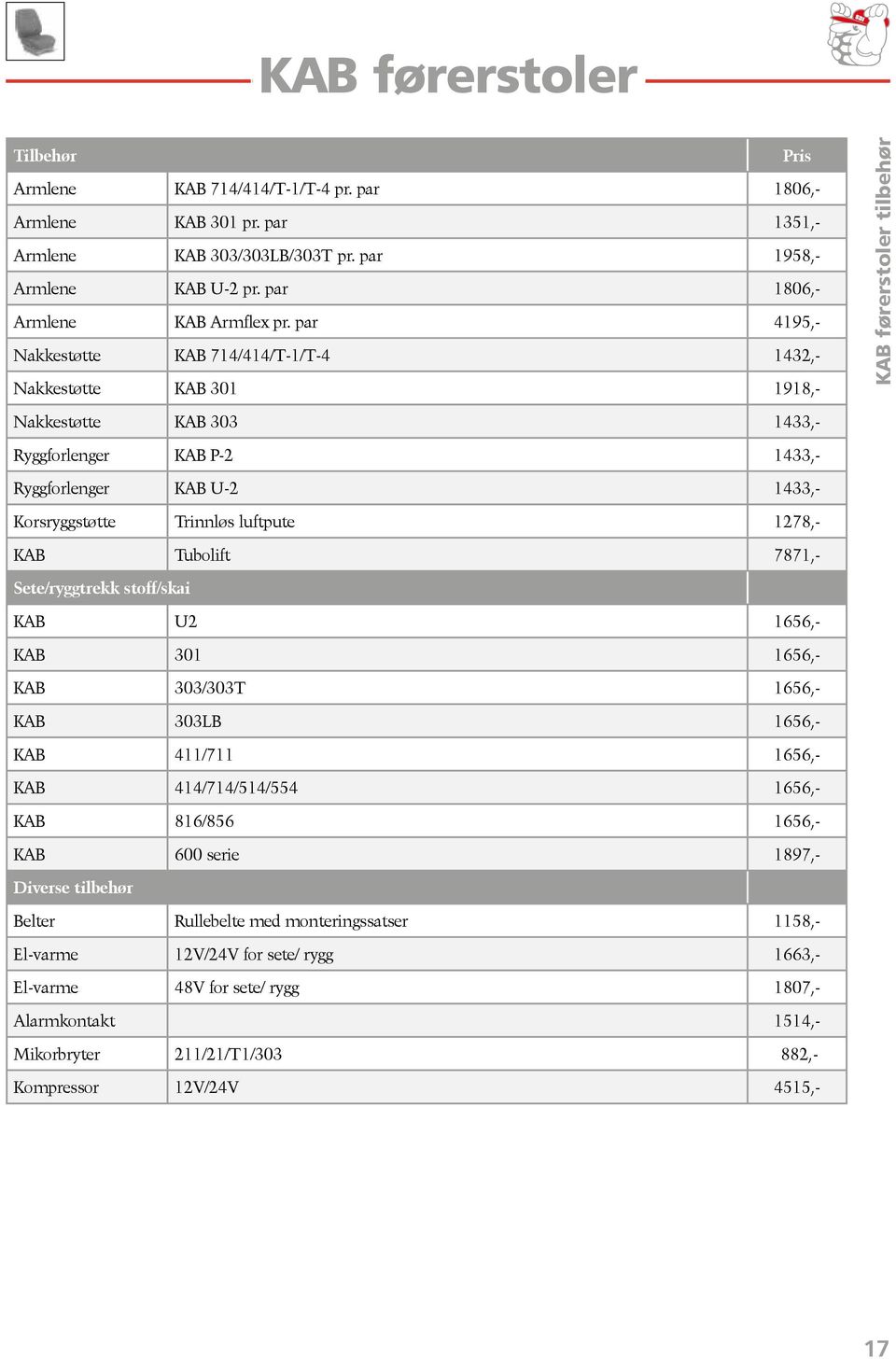 Korsryggstøtte Trinnløs luftpute 1278,- KAB Tubolift 7871,- Sete/ryggtrekk stoff/skai KAB U2 1656,- KAB 301 1656,- KAB 303/303T 1656,- KAB 303LB 1656,- KAB 411/711 1656,- KAB 414/714/514/554 1656,-