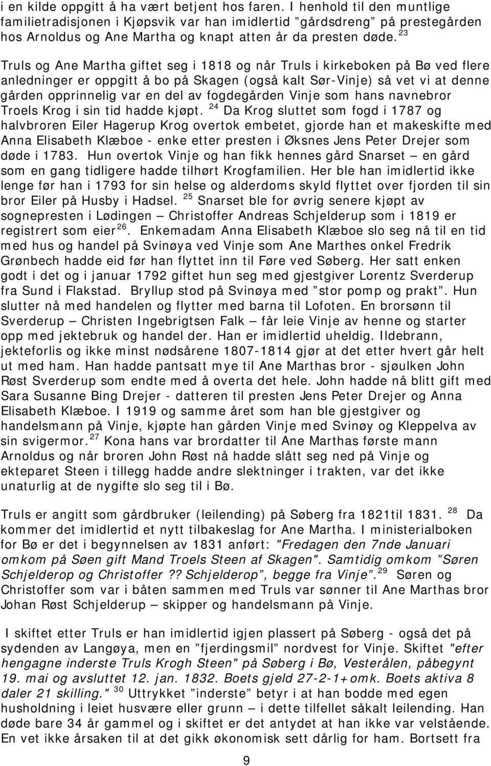 23 Truls og Ane Martha giftet seg i 1818 og når Truls i kirkeboken på Bø ved flere anledninger er oppgitt å bo på Skagen (også kalt Sør-Vinje) så vet vi at denne gården opprinnelig var en del av