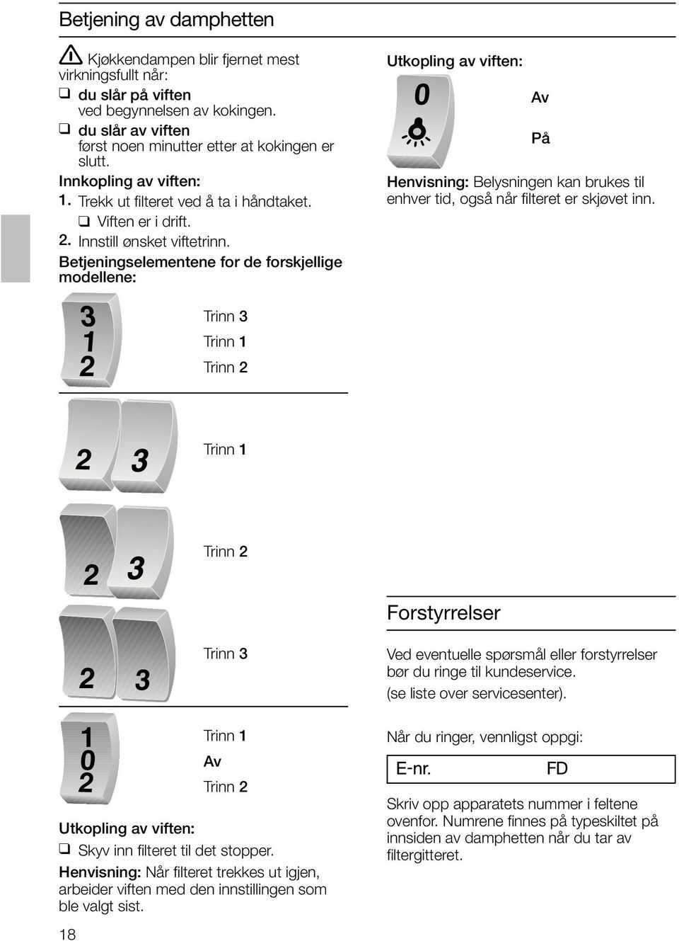 Betjeningselementene for de forskjellige modellene: 3 1 2 Trinn 3 Trinn 1 Trinn 2 Utkopling av viften: 0 Av På Henvisning: Belysningen kan brukes til enhver tid, også når filteret er skjøvet inn.