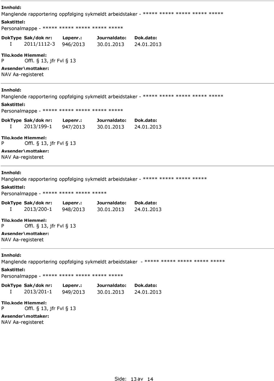 Manglende rapportering oppfølging sykmeldt arbeidstaker - ***** ***** ***** ***** ersonalmappe - ***** ***** ***** ***** 2013/200-1 948/2013 Manglende