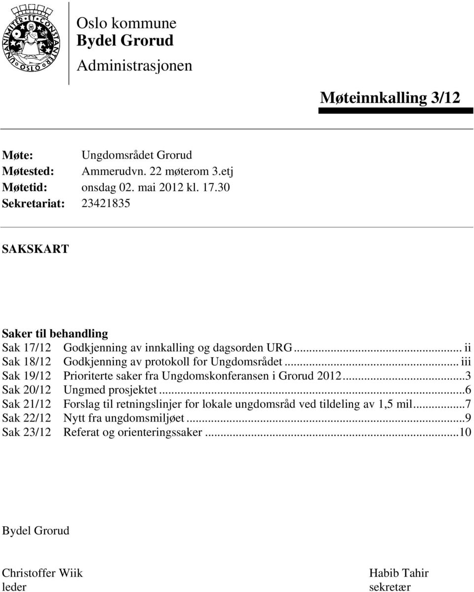 .. iii Sak 19/12 Prioriterte saker fra Ungdomskonferansen i Grorud 2012...3 Sak 20/12 Ungmed prosjektet.