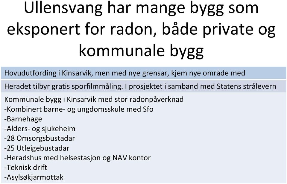 I prosjektet i samband med Statens strålevern Kommunale bygg i Kinsarvik med stor radonpåverknad -Kombinert barne- og