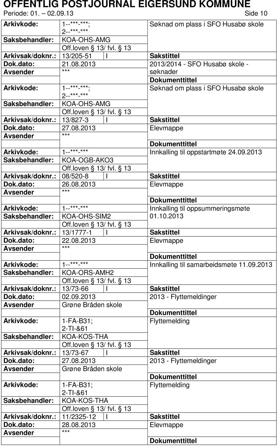 2013 Elevmappe Innkalling til oppstartmøte 24.09.2013 KOA-OGB-AKO3 Arkivsak/doknr.: 08/520-8 I Sakstittel Dok.dato: 26.08.2013 Elevmappe Innkalling til oppsummeringsmøte KOA-OHS-SIM2 01.10.