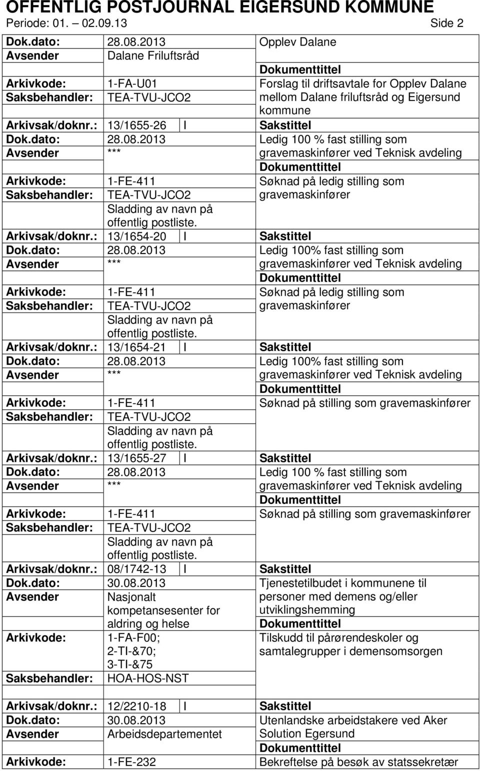 : 13/1655-26 I Sakstittel Ledig 100 % fast stilling som gravemaskinfører ved Teknisk avdeling Søknad på ledig stilling som TEA-TVU-JCO2 gravemaskinfører Arkivsak/doknr.