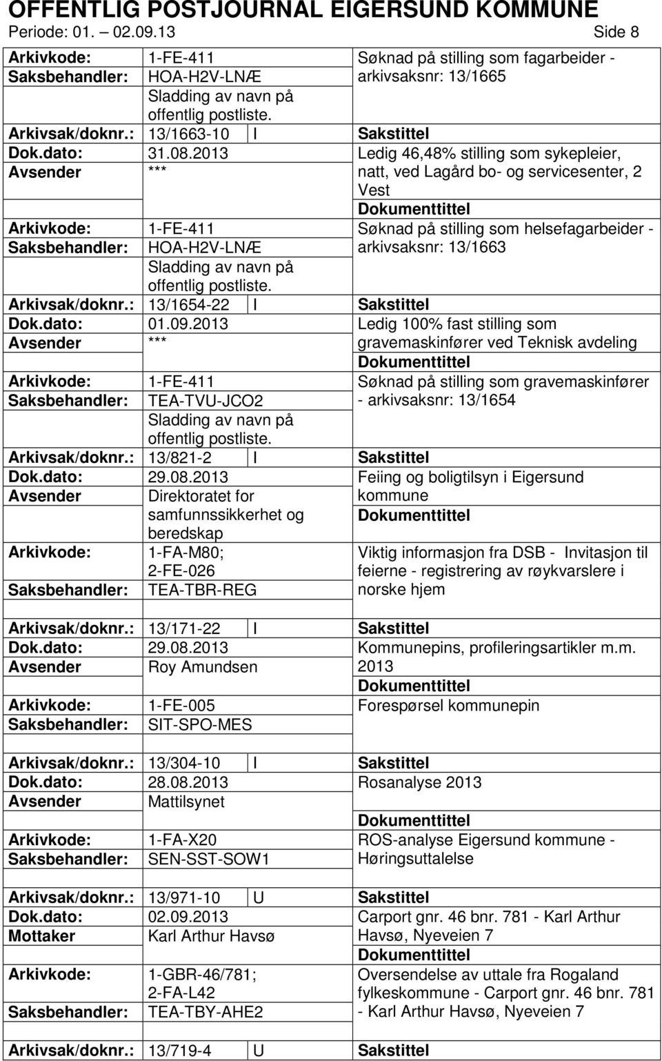 - arkivsaksnr: 13/1663 Arkivsak/doknr.: 13/1654-22 I Sakstittel Dok.dato: 01.09.