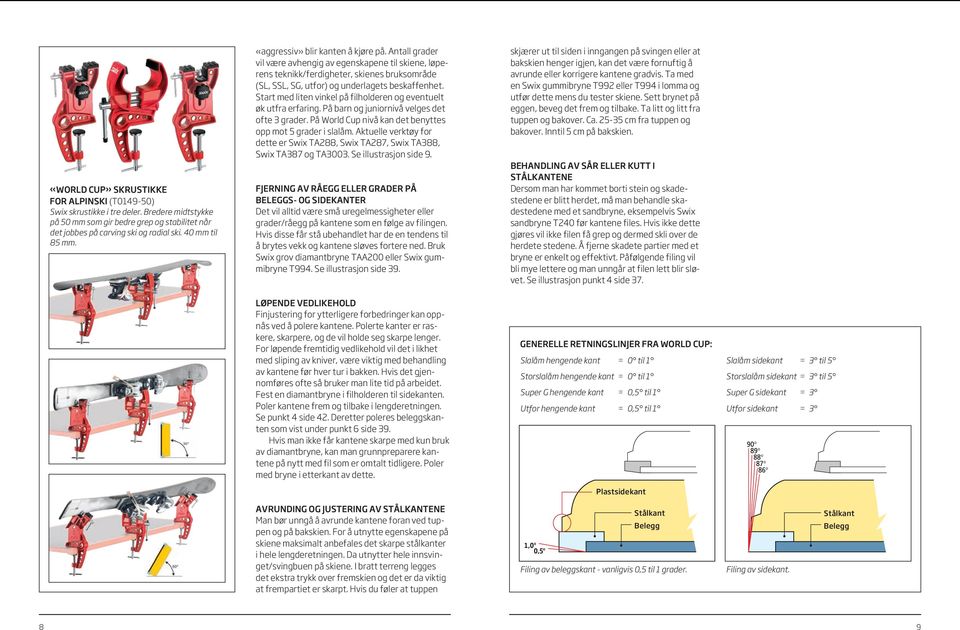 Start med liten vinkel på filholderen og eventuelt øk utfra erfaring. På barn og juniornivå velges det ofte 3 grader. På World Cup nivå kan det benyttes opp mot 5 grader i slalåm.