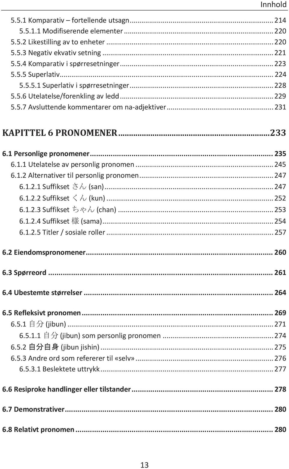 .. 233 6.1 Personlige pronomener... 235 6.1.1 Utelatelse av personlig pronomen... 245 6.1.2 Alternativer til personlig pronomen... 247 6.1.2.1 Suffikset さん (san)... 247 6.1.2.2 Suffikset くん (kun).