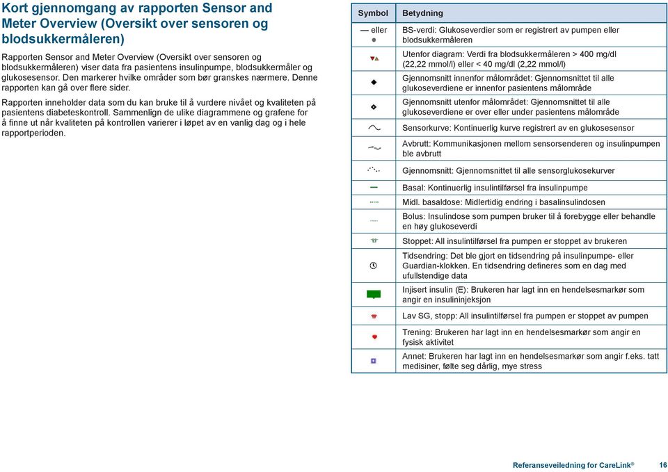 Rapporten inneholder data som du kan bruke til å vurdere nivået og kvaliteten på pasientens diabeteskontroll.