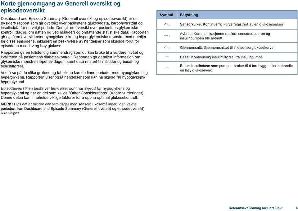 Rapporten gir også en oversikt over hypoglykemiske og hyperglykemiske mønstre med detaljer for disse episodene, inkludert en beskrivelse av hendelser som skjedde forut for episodene med lav og høy