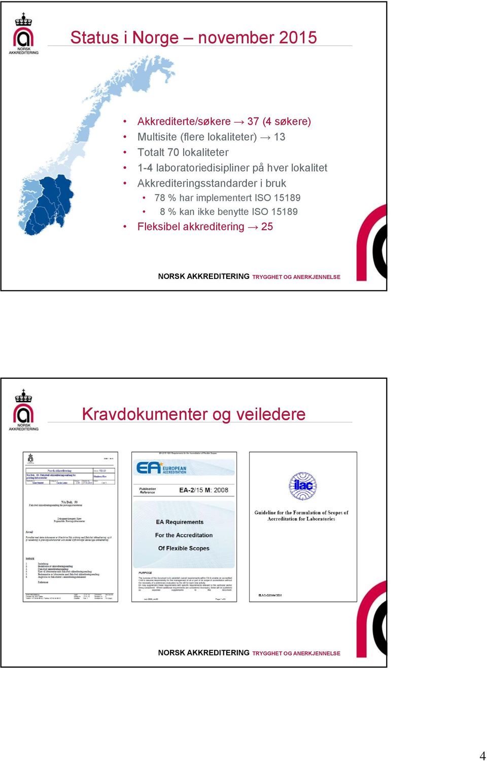 lokalitet Akkrediteringsstandarder i bruk 78 % har implementert ISO 15189 8 %