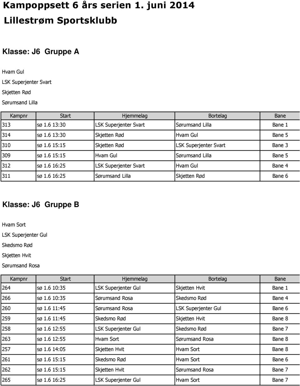 6 15:15 Skjetten Rød LSK Superjenter Svart 3 309 sø 1.6 15:15 Hvam Gul Sørumsand Lilla 5 312 sø 1.6 16:25 LSK Superjenter Svart Hvam Gul 4 311 sø 1.