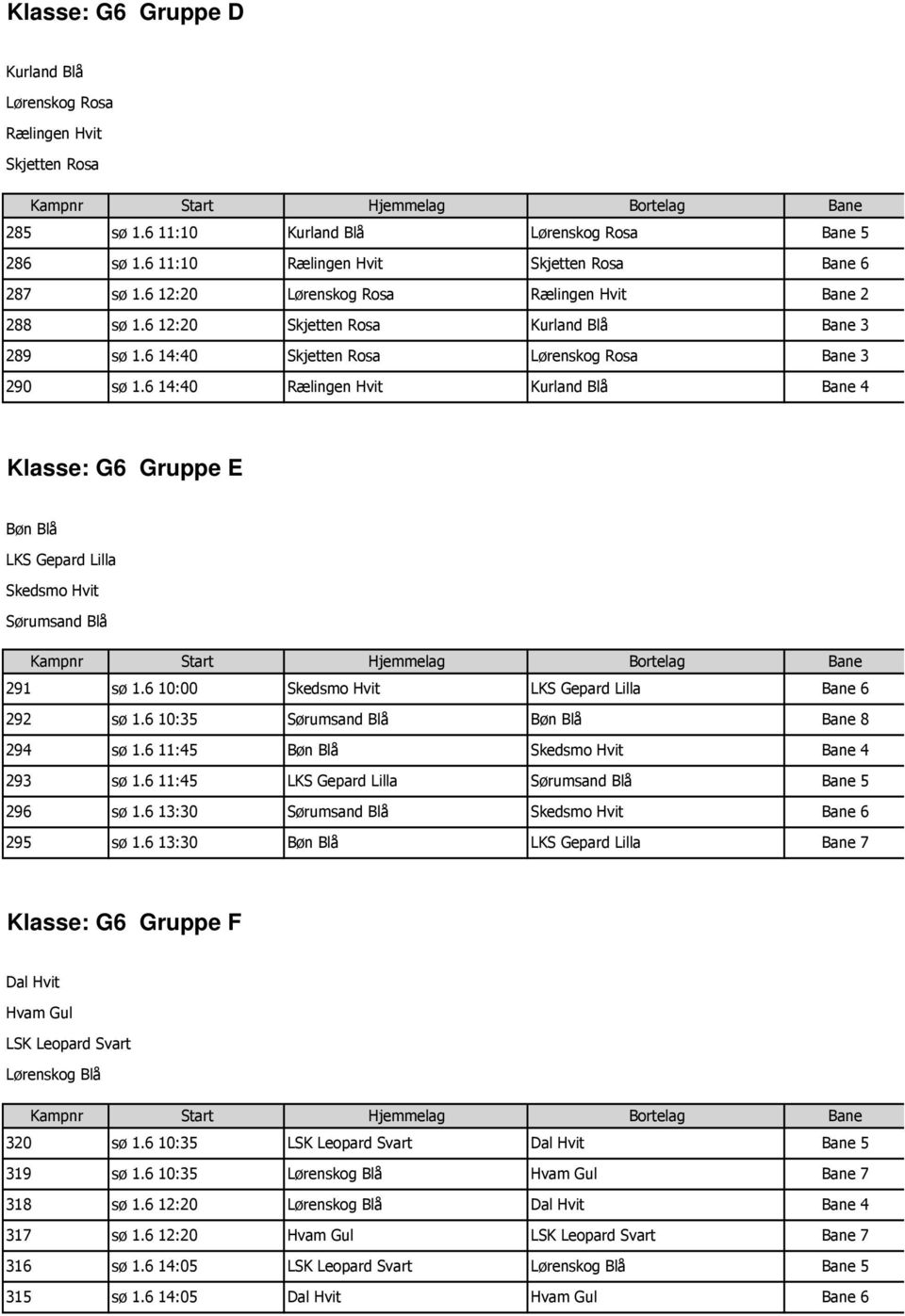 6 14:40 Rælingen Hvit Kurland Blå 4 Klasse: G6 Gruppe E Bøn Blå LKS Gepard Lilla Skedsmo Hvit Sørumsand Blå 291 Skedsmo Hvit LKS Gepard Lilla 6 292 Sørumsand Blå Bøn Blå 8 294 Bøn Blå Skedsmo Hvit 4