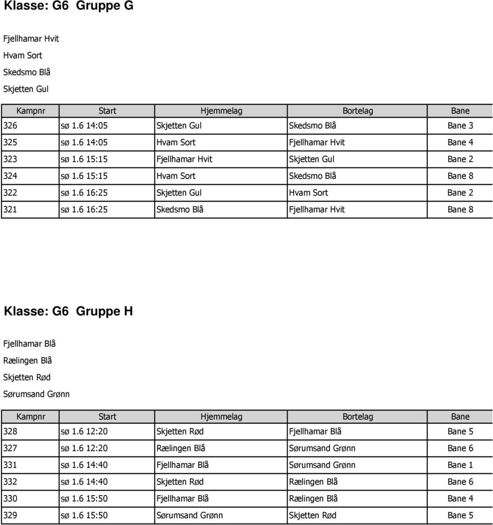 6 16:25 Skedsmo Blå Fjellhamar Hvit 8 Klasse: G6 Gruppe H Fjellhamar Blå Rælingen Blå Skjetten Rød Sørumsand Grønn 328 Skjetten Rød Fjellhamar Blå 5 327 Rælingen