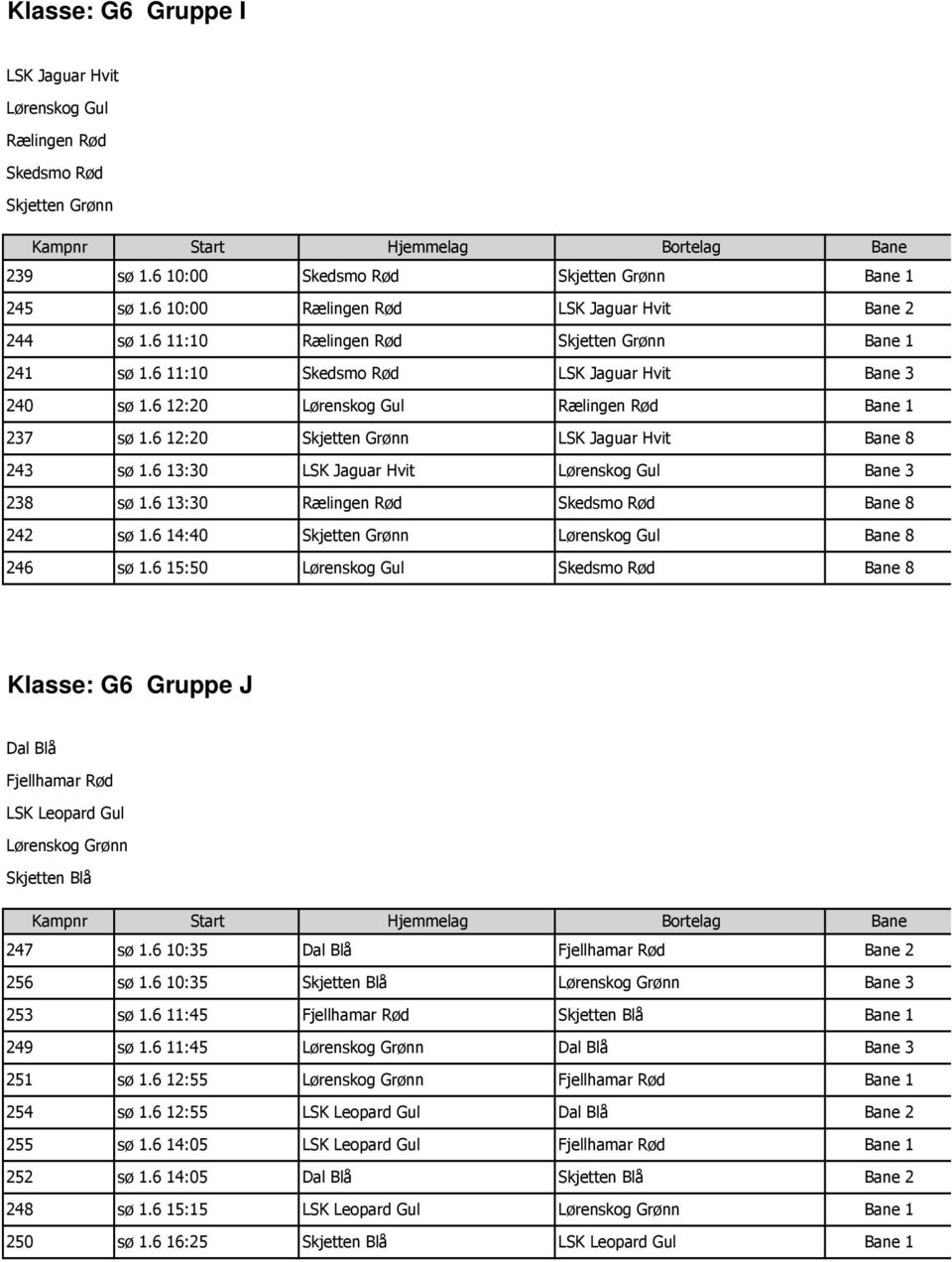 6 15:50 Lørenskog Gul 8 Klasse: G6 Gruppe J Dal Blå Fjellhamar Rød LSK Leopard Gul Lørenskog Grønn Skjetten Blå 247 Dal Blå Fjellhamar Rød 2 256 Skjetten Blå Lørenskog Grønn 3 253 Fjellhamar Rød