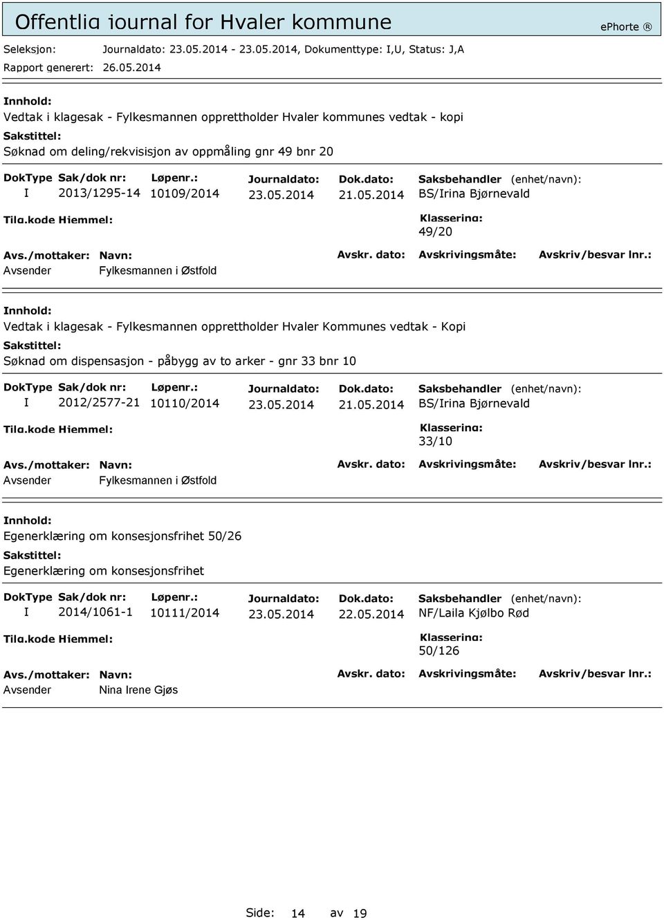 - Kopi Søknad om dispensasjon - påbygg av to arker - gnr 33 bnr 10 2012/2577-21 10110/2014 BS/rina Bjørnevald 33/10 Avsender Fylkesmannen i Østfold