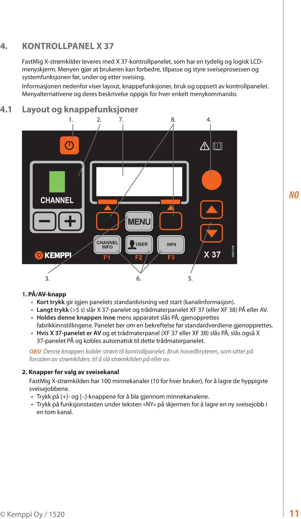 Informasjonen nedenfor viser layout, knappefunksjoner, bruk og oppsett av kontrollpanelet. Menyalternativene og deres beskrivelse oppgis for hver enkelt menykommando. 4.1 Layout og knappefunksjoner 1.