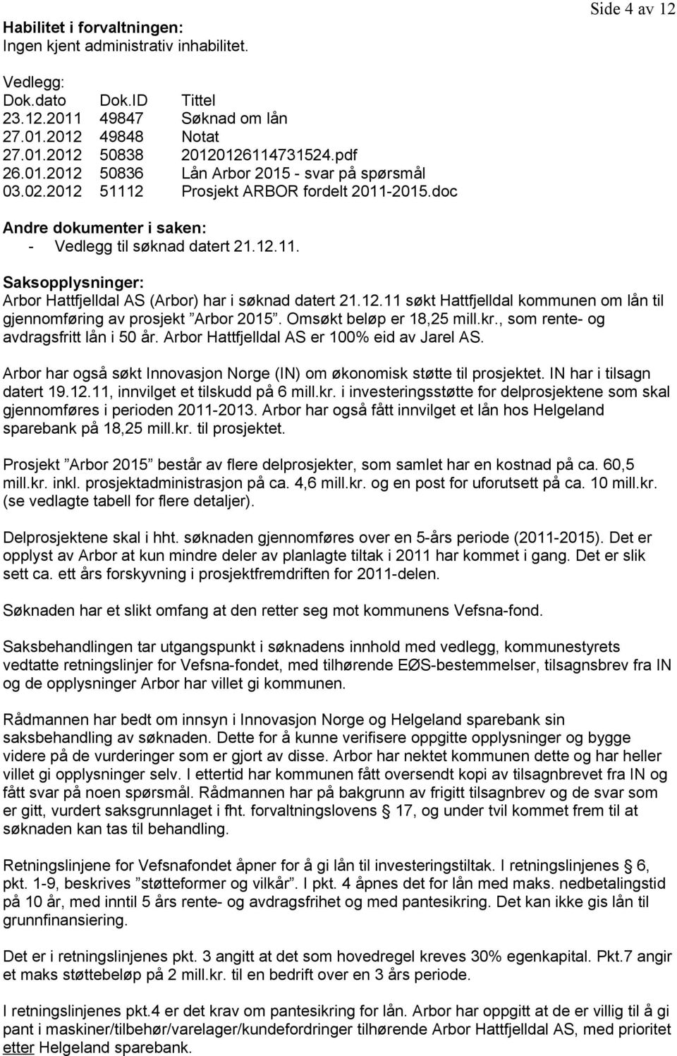 12.11 søkt Hattfjelldal kommunen om lån til gjennomføring av prosjekt Arbor 2015. Omsøkt beløp er 18,25 mill.kr., som rente- og avdragsfritt lån i 50 år. Arbor Hattfjelldal AS er 100% eid av Jarel AS.