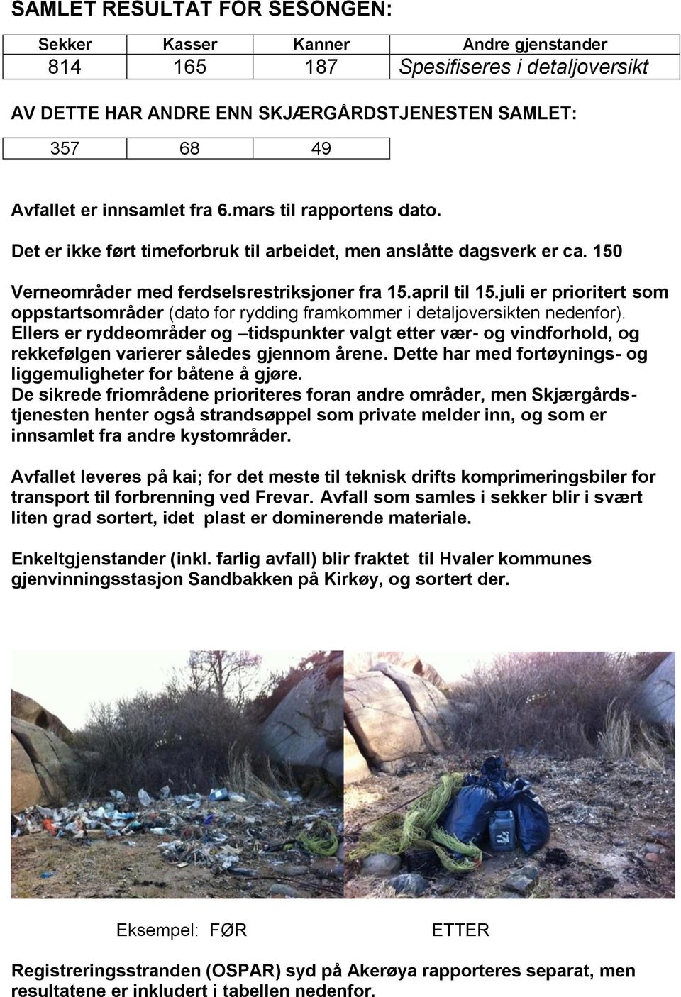 juli er prioritert som oppstartsområder (dato for rydding framkommer i detaljoversikten nedenfor).