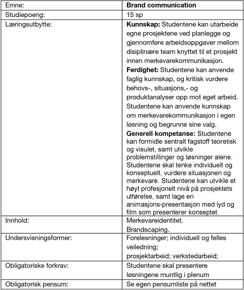 Ferdighet: Studentene kan anvende faglig kunnskap, og kritisk vurdere behovs-, situasjons,- og produktanalyser opp mot eget arbeid.