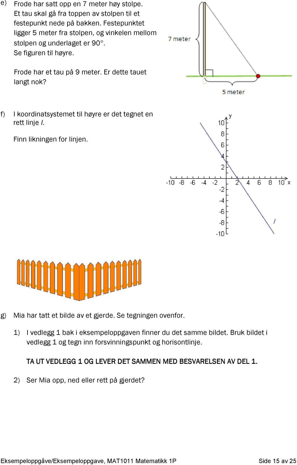 f) I koordinatsystemet til høyre er det tegnet en rett linje l. Finn likningen for linjen. g) Mia har tatt et bilde av et gjerde. Se tegningen ovenfor.