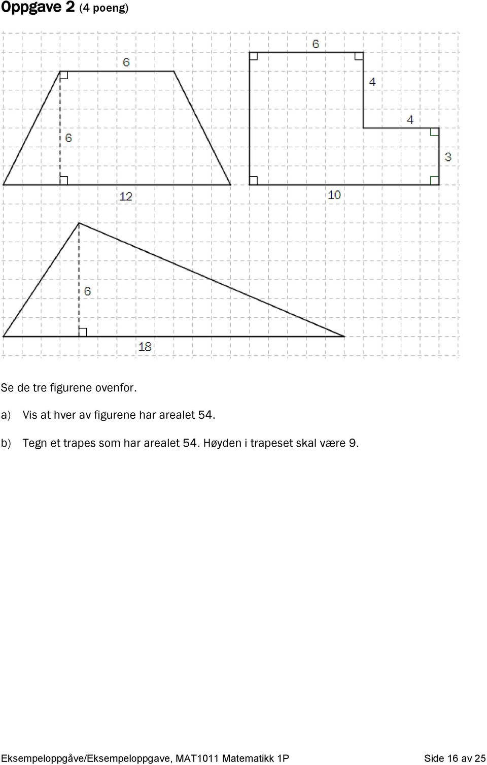 b) Tegn et trapes som har arealet 54.