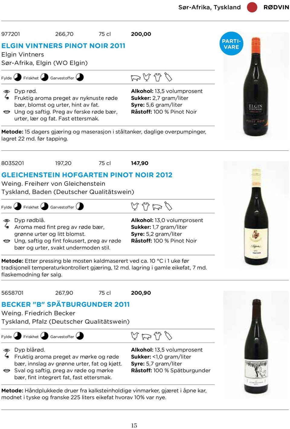 Alkohol: 13,5 volumprosent Sukker: 2,7 gram/liter Syre: 5,6 gram/liter Råstoff: 100 % Pinot Noir Metode: 15 dagers gjæring og maserasjon i ståltanker, daglige overpumpinger, lagret 22 md. før tapping.