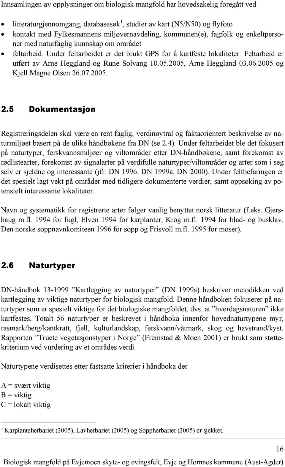 Feltarbeid er utført av Arne Heggland og Rune Solvang 10.05.2005, Arne Heggland 03.06.2005 og Kjell Magne Olsen 26