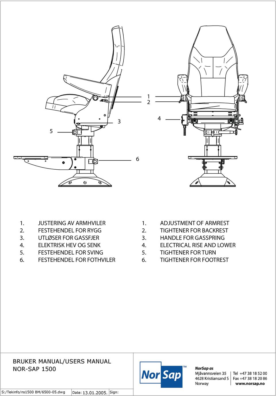 4 ELEKTRISK REGULERINGHEV AV SETEVINKEL. OG SENK 4. 4 ELECTRICAL REGULATING RISE DEVICE AND FORLOWER SEAT ANGLE 5. FESTEHENDEL UTLØSERSPAK FOR FOR HØYDEREGULERING SVING (Inngår 5.