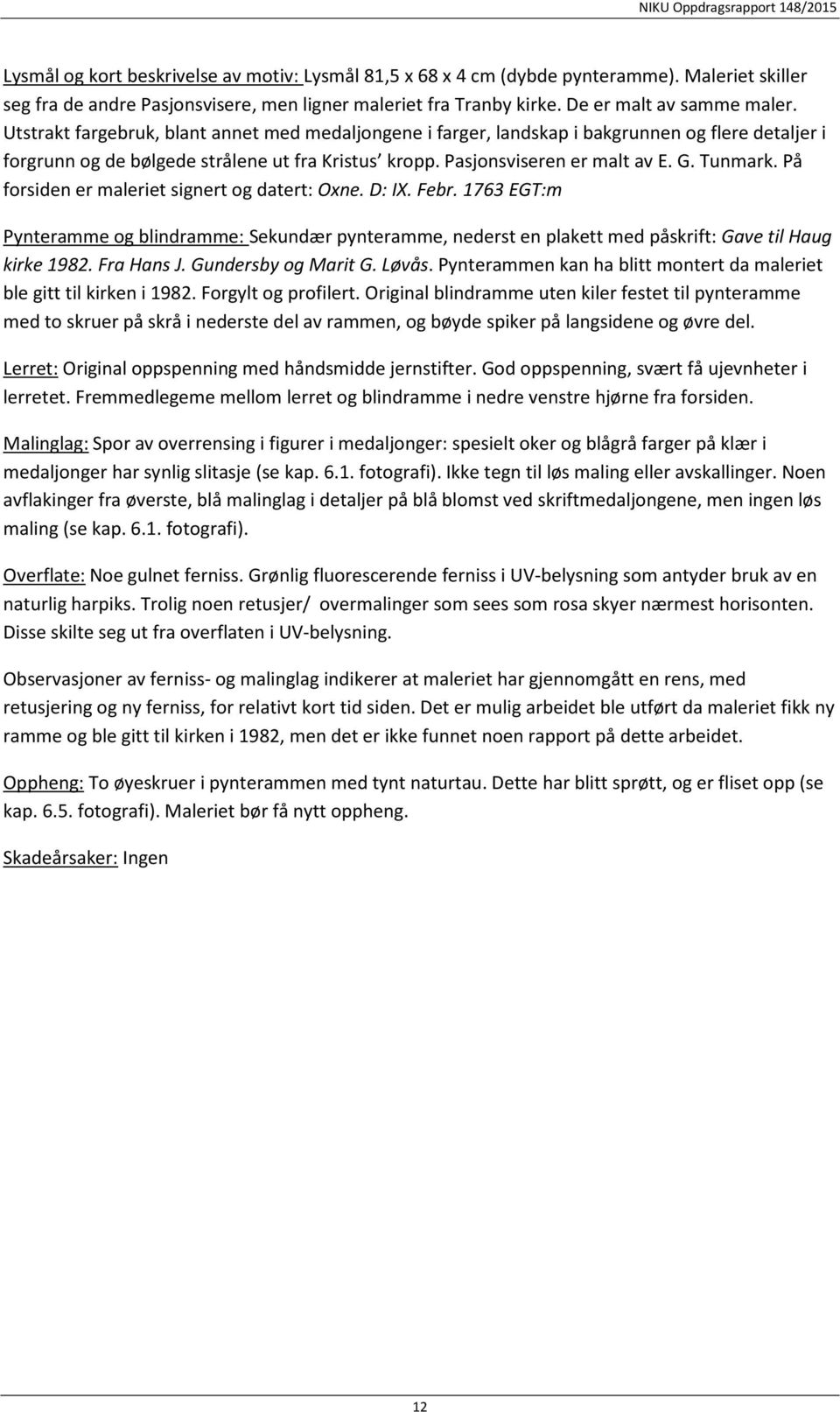 På forsiden er maleriet signert og datert: Oxne. D: IX. Febr. 1763 EGT:m Pynteramme og blindramme: Sekundær pynteramme, nederst en plakett med påskrift: Gave til Haug kirke 1982. Fra Hans J.