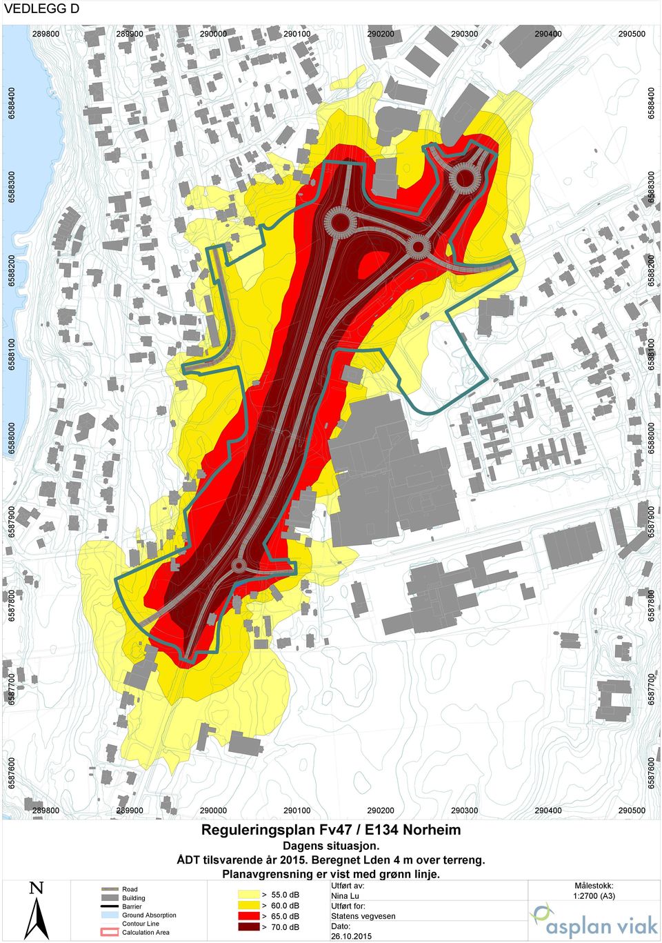 Norheim Dagens situasjon. ÅDT tilsvarende år 2015. Beregnet Lden 4 m over terreng. Planavgrensning er vist med grønn linje.