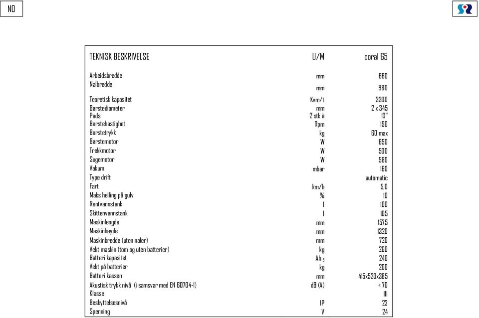 l 100 Skittenvannstank l 105 Maskinlengde mm 1575 Maskinhøyde mm 1320 Maskinbredde (uten naler) mm 720 Vekt maskin (tom og uten batterier) kg 260 Batteri kapasitet Ah