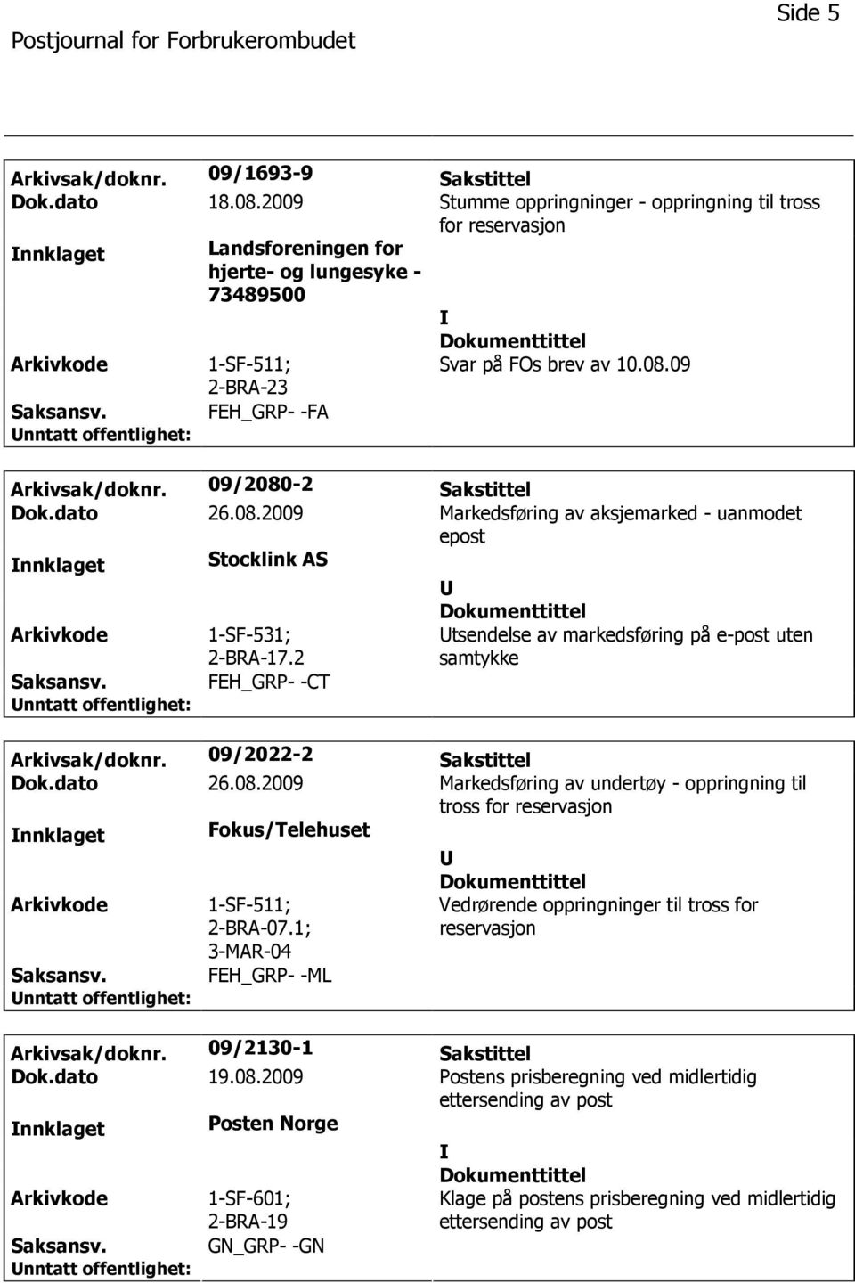 09 FEH_GRP- -FA Arkivsak/doknr. 09/2080-2 Sakstittel Dok.dato 26.08.2009 Markedsføring av aksjemarked - uanmodet epost nnklaget Stocklink AS 1-SF-531; 2-BRA-17.