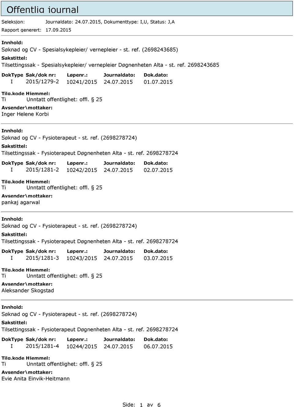 2015 nnhold: lsettingssak - Fysioterapeut Døgnenheten Alta - st. ref. 2698278724 2015/1281-2 10242/2015 pankaj agarwal 02.07.