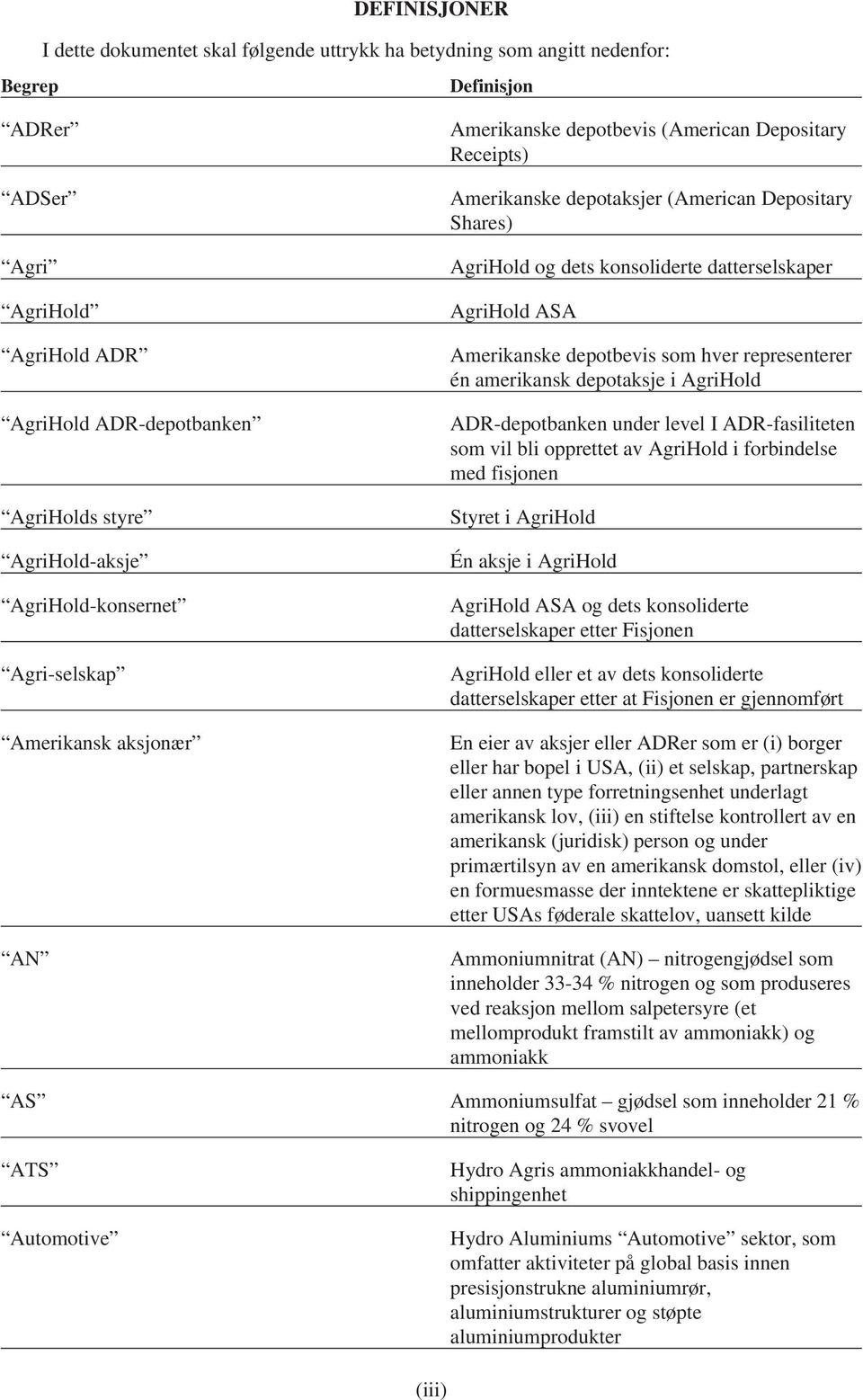 konsoliderte datterselskaper AgriHold ASA Amerikanske depotbevis som hver representerer én amerikansk depotaksje i AgriHold ADR-depotbanken under level I ADR-fasiliteten som vil bli opprettet av