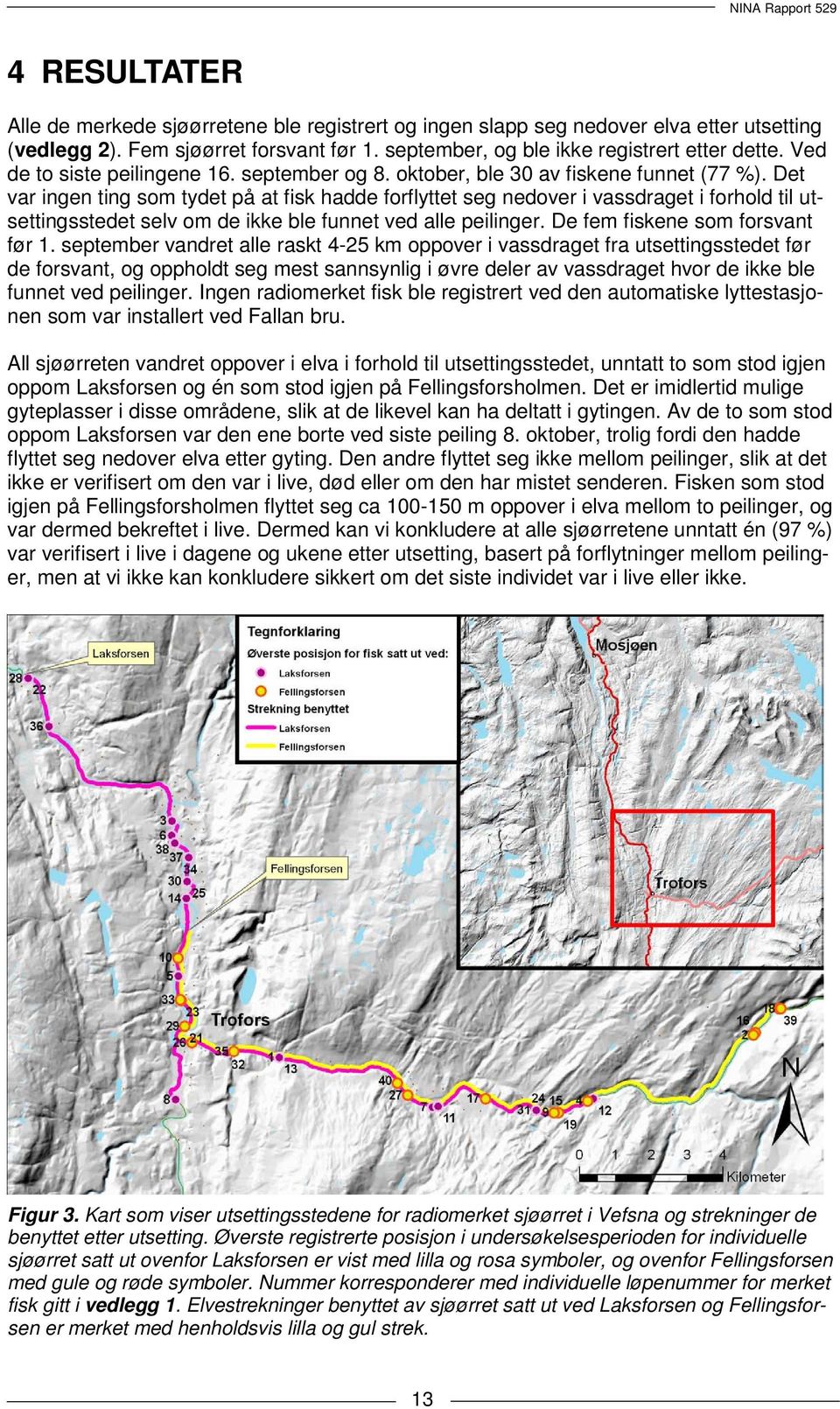 Det var ingen ting som tydet på at fisk hadde forflyttet seg nedover i vassdraget i forhold til utsettingsstedet selv om de ikke ble funnet ved alle peilinger. De fem fiskene som forsvant før 1.