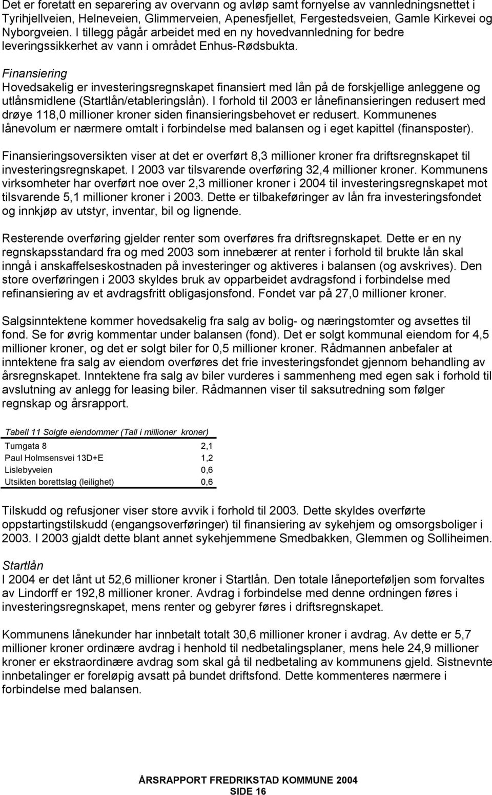 Finansiering Hovedsakelig er investeringsregnskapet finansiert med lån på de forskjellige anleggene og utlånsmidlene (Startlån/etableringslån).