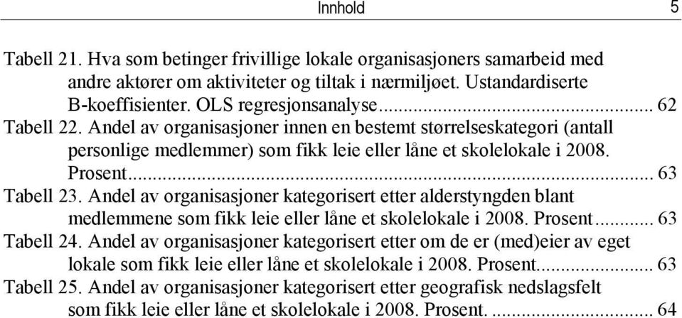 Andel av organisasjoner kategorisert etter alderstyngden blant medlemmene som fikk leie eller låne et skolelokale i 2008. Prosent... 63 Tabell 24.