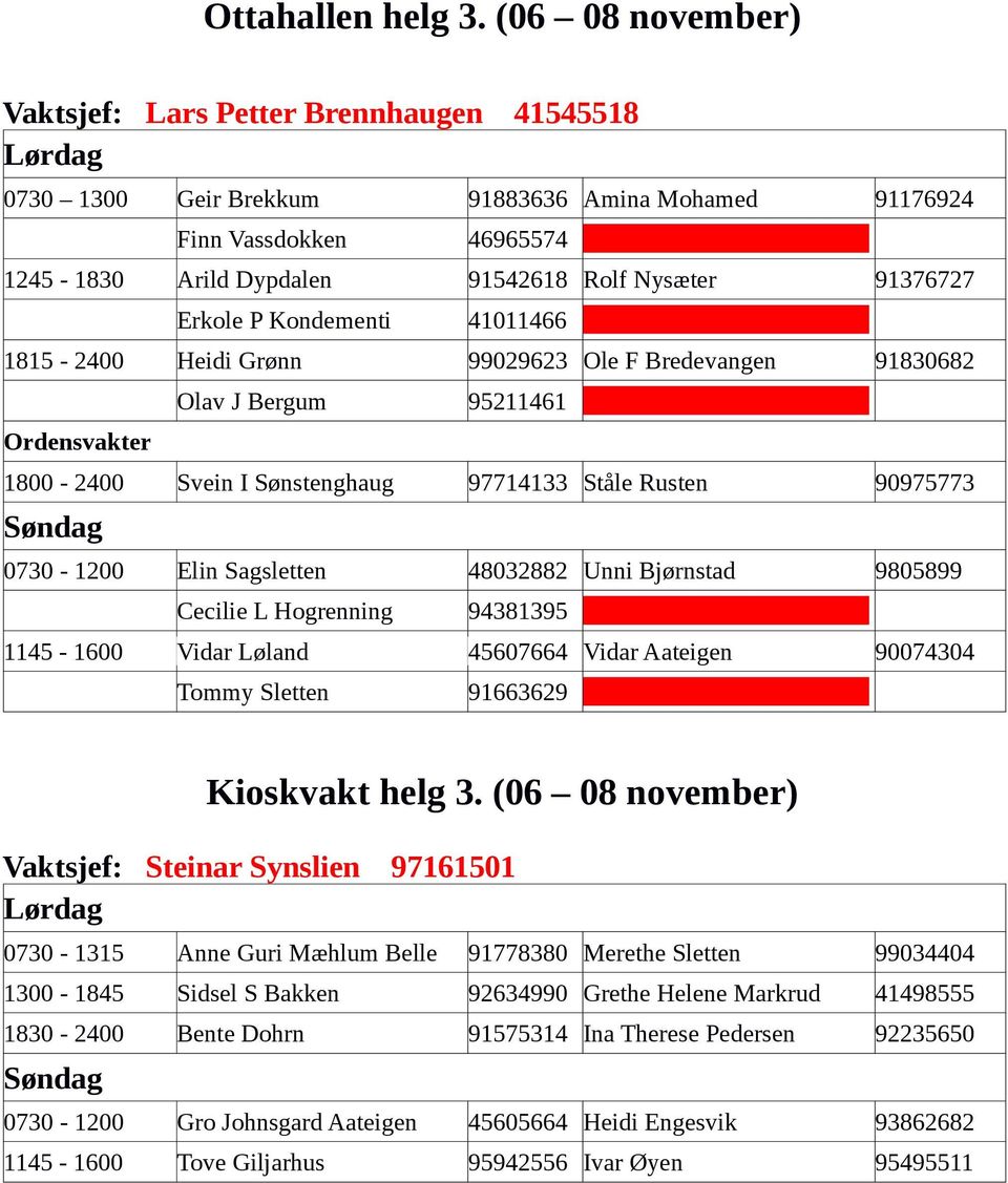 Erkole P Kondementi 41011466 1815-2400 Heidi Grønn 99029623 Ole F Bredevangen 91830682 Ordensvakter Olav J Bergum 95211461 1800-2400 Svein I Sønstenghaug 97714133 Ståle Rusten 90975773 0730-1200 Elin