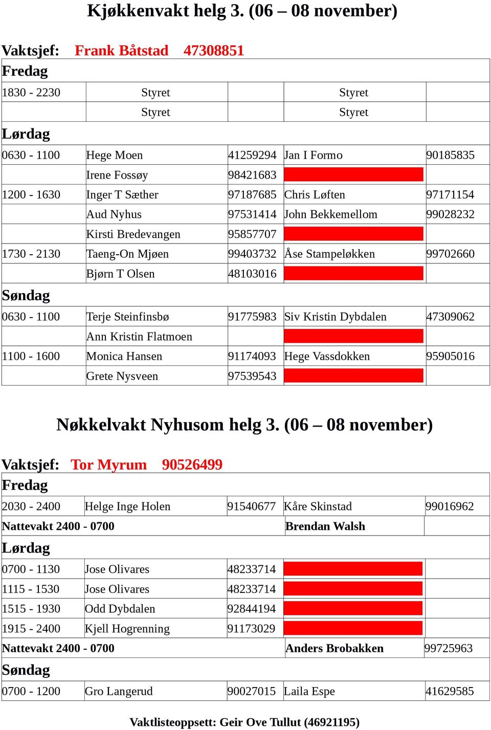 Løften 97171154 Aud Nyhus 97531414 John Bekkemellom 99028232 Kirsti Bredevangen 95857707 1730-2130 Taeng-On Mjøen 99403732 Åse Stampeløkken 99702660 Bjørn T Olsen 48103016 0630-1100 Terje Steinfinsbø