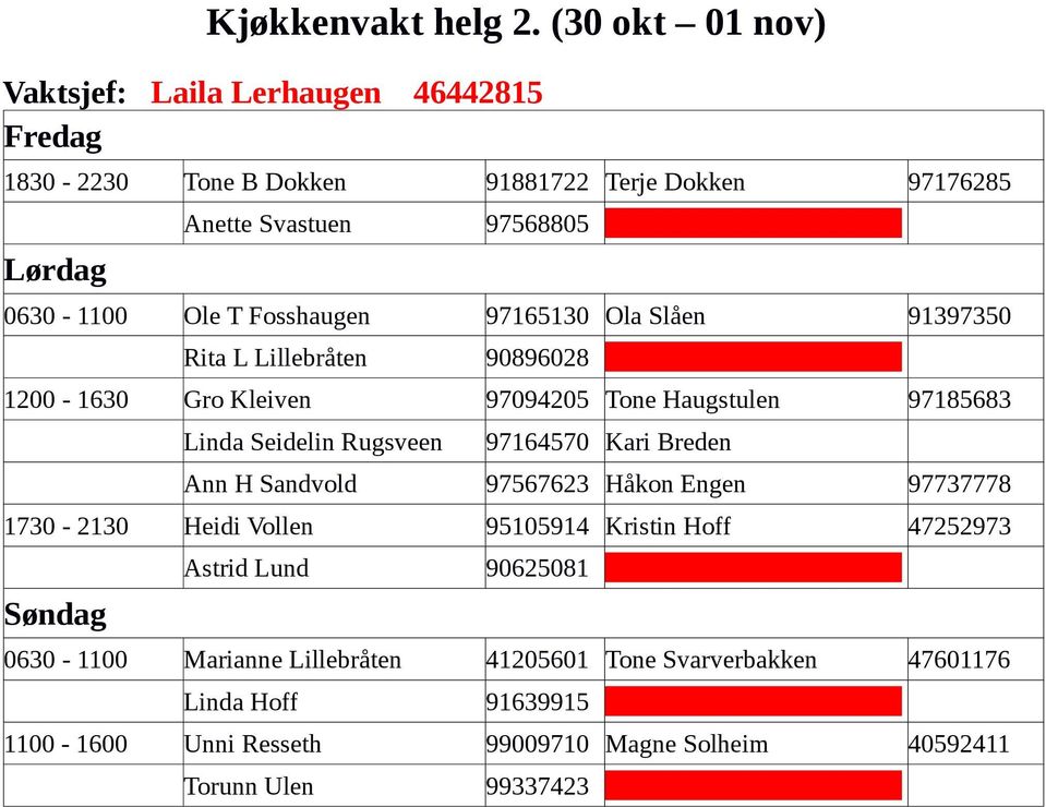 Fosshaugen 97165130 Ola Slåen 91397350 Rita L Lillebråten 90896028 1200-1630 Gro Kleiven 97094205 Tone Haugstulen 97185683 Linda Seidelin Rugsveen