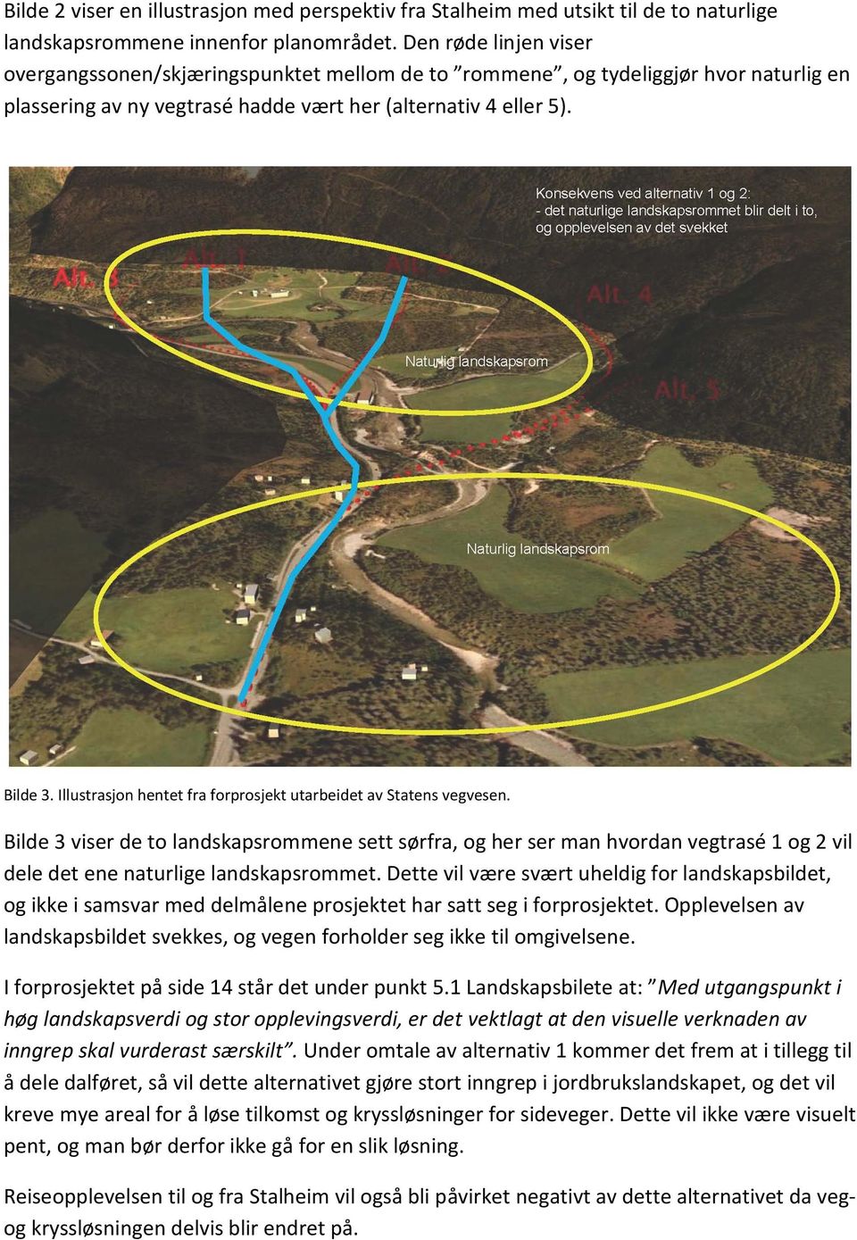 Illustrasjon hentet fra forprosjekt utarbeidet av Statens vegvesen. Bilde 3 viser de to landskapsrommene sett sørfra, og her ser man hvordan vegtrasé 1 og 2 vil dele det ene naturlige landskapsrommet.