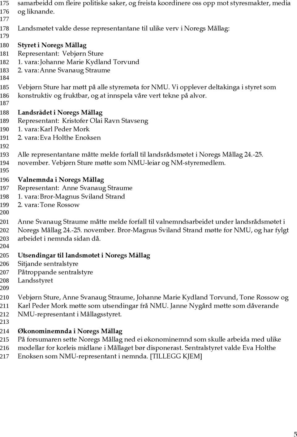 Landsmøtet valde desse representantane til ulike verv i Noregs Mållag: Styret i Noregs Mållag Representant: Vebjørn Sture 1. vara:johanne Marie Kydland Torvund 2.