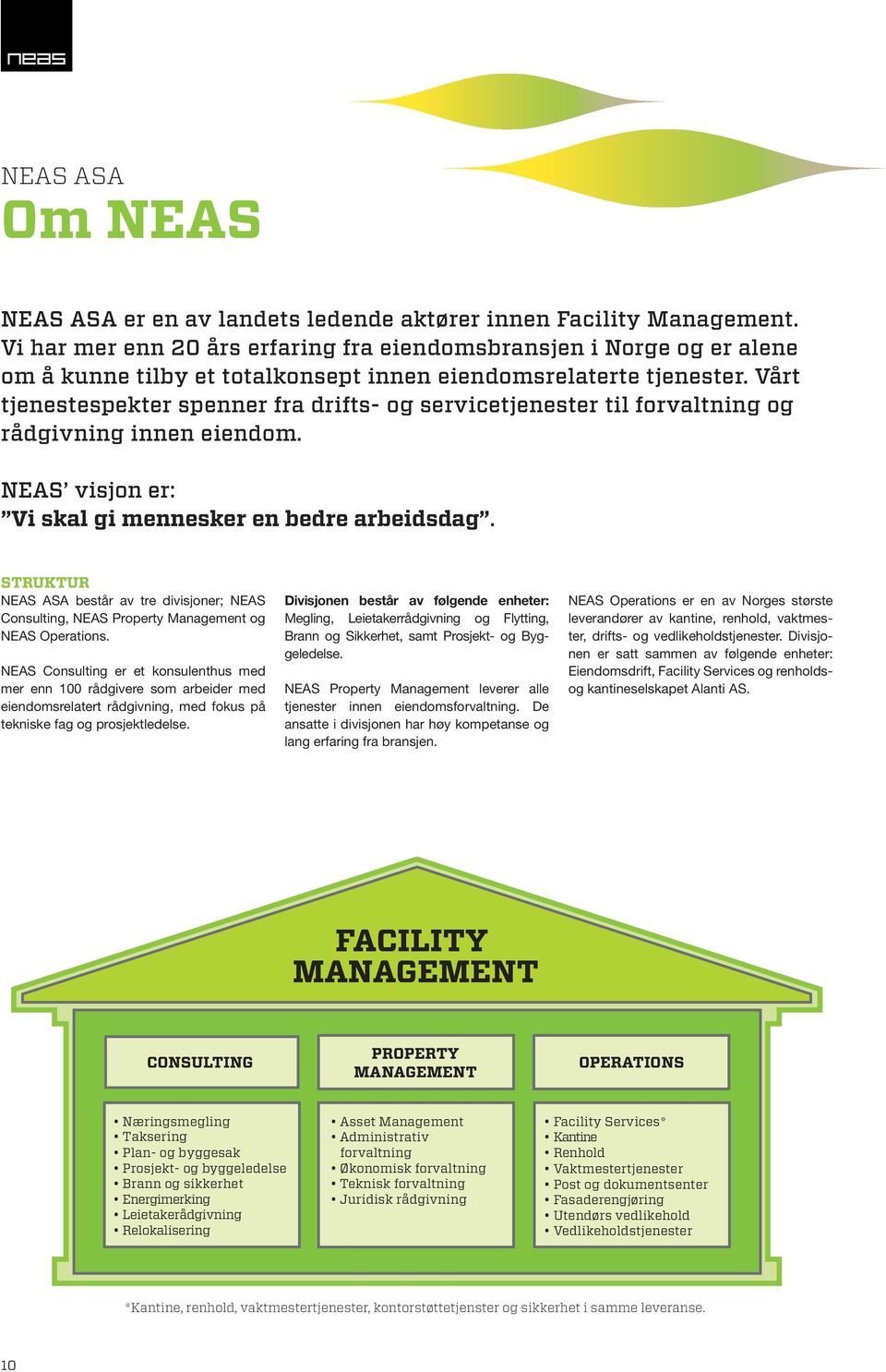 Vårt tjenestespekter spenner fra drifts- og servicetjenester til forvaltning og rådgivning innen eiendom. NEAS visjon er: Vi skal gi mennesker en bedre arbeidsdag.