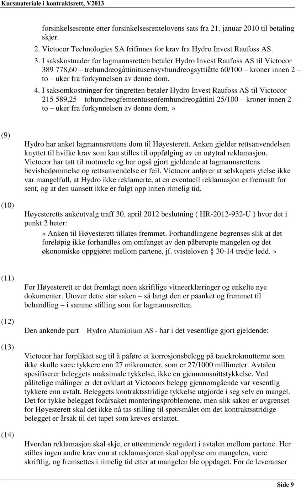 I saksomkostninger for tingretten betaler Hydro Invest Raufoss AS til Victocor 215 589,25 tohundreogfemtentusenfemhundreogåttini 25/100 kroner innen 2 to uker fra forkynnelsen av denne dom.