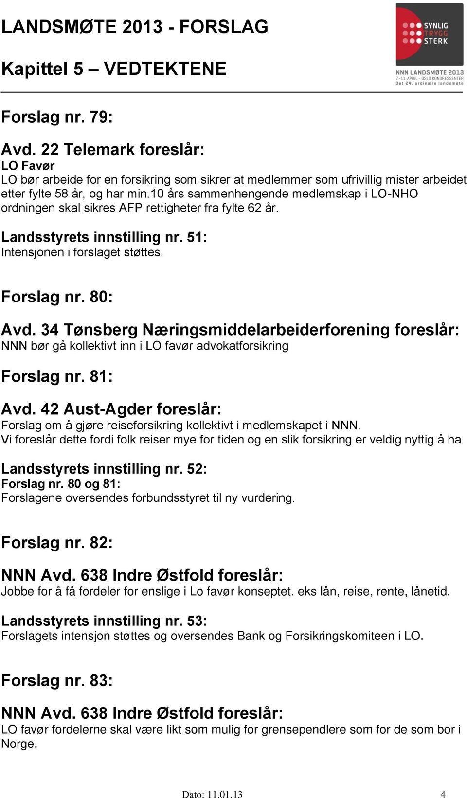 34 Tønsberg Næringsmiddelarbeiderforening foreslår: NNN bør gå kollektivt inn i LO favør advokatforsikring Forslag nr. 81: Avd.