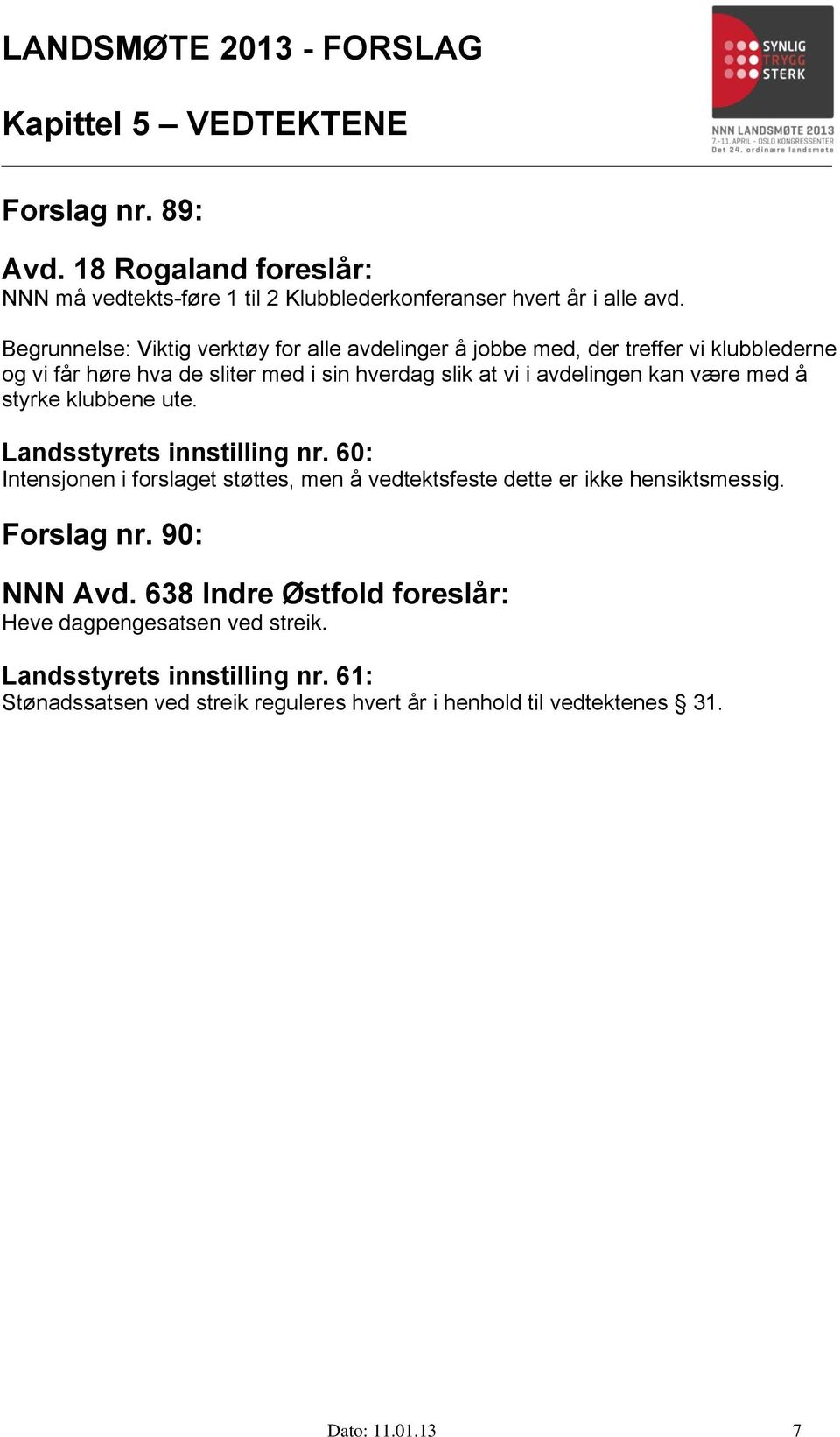 med å styrke klubbene ute. Landsstyrets innstilling nr. 60: Intensjonen i forslaget støttes, men å vedtektsfeste dette er ikke hensiktsmessig. Forslag nr.