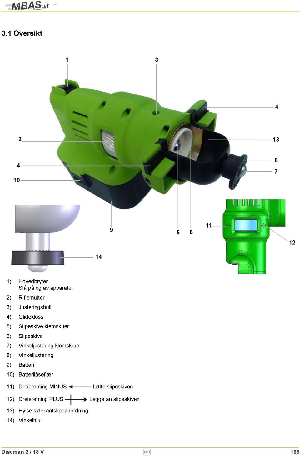 8) Vinkeljustering 9) Batteri 10) Batterilåsefjær 11) Dreieretning MINUS Løfte slipeskiven 12)